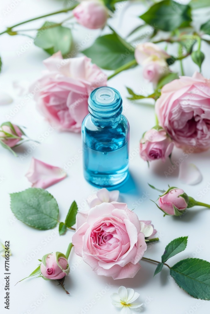 A serene composition featuring a delicate blue bottle of chamomile essential oil surrounded by soft pink roses on a pristine white background, evoking a sense of calm and natural beauty. A serene composition featuring a delicate blue bottle of chamomile essential oil surrounded by soft pink roses on a pristine white background, evoking a sense of calm and natural beauty.
