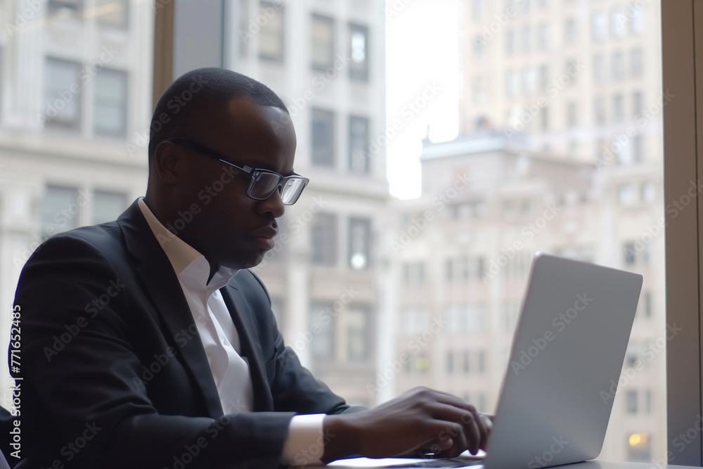 Black man working on laptop in office, occupation, technology, professional occupation, african ethnicity Black man working on laptop in office, occupation, technology, professional occupation, african ethnicity