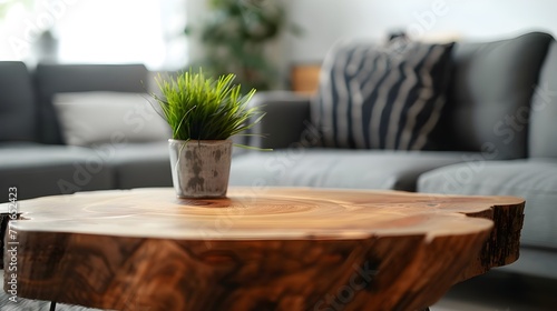 Close up of natural wood rustic live edge coffee table near grey sofa. Minimalist home interior design of modern living room.
