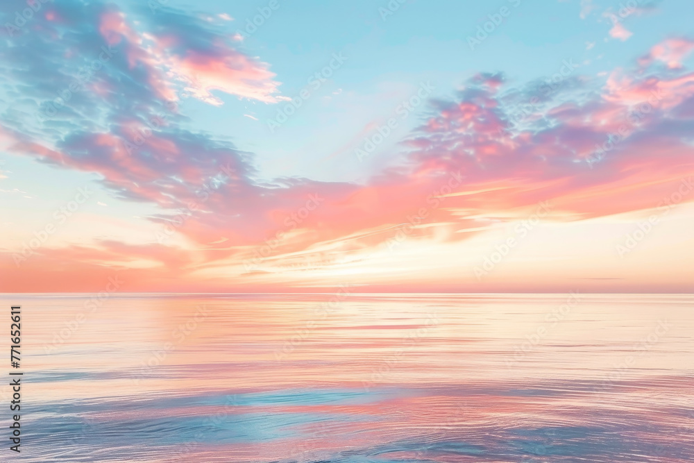A beautiful sunset over the ocean with pink and orange clouds in the sky