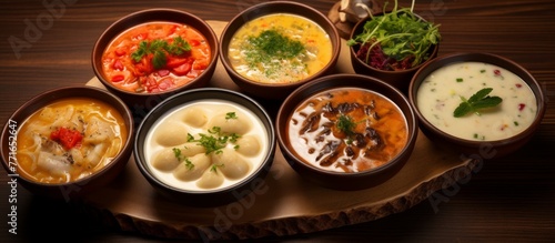 Various types of soups in bowls featuring different ingredients, recipes, and garnishes. A comforting dish that showcases the produce of each cuisine
