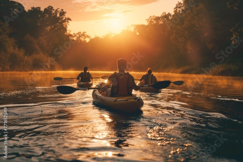 A serene group of kayakers paddle gently down a river, basking in the golden light of a setting sun, reflecting on the water