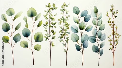 A series of green leaves are shown in various sizes and orientations photo