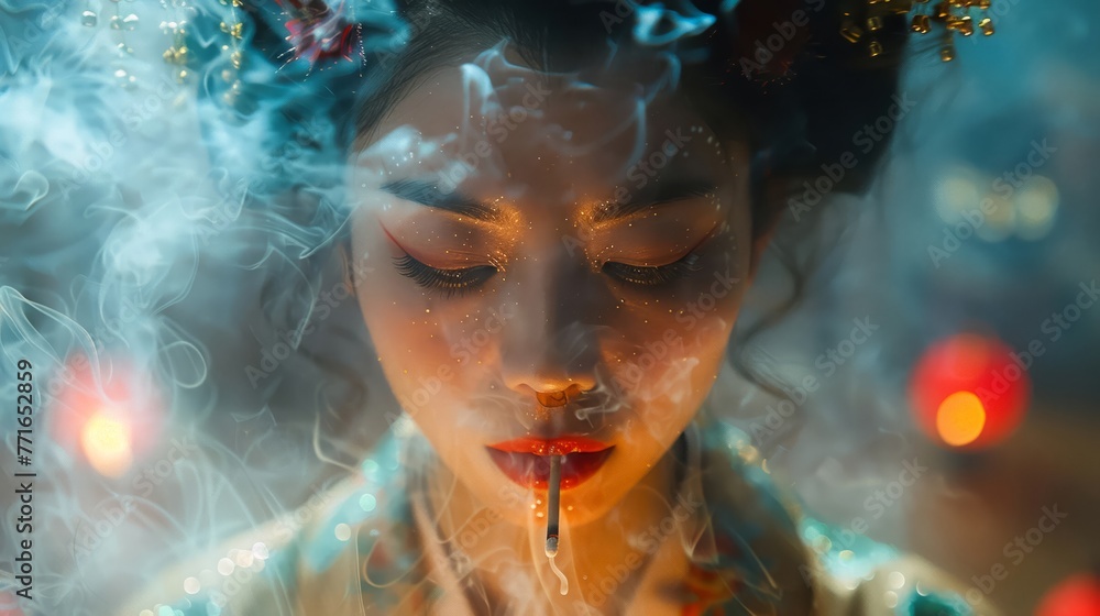 Geisha in a future world smoking digital incense during a holographic performance