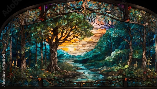 A stained glass window featuring a forest scene with a river  trees  and a sunset.