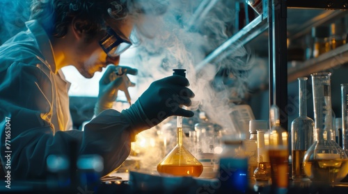 A scientist is working in a lab with a lot of glassware and chemicals