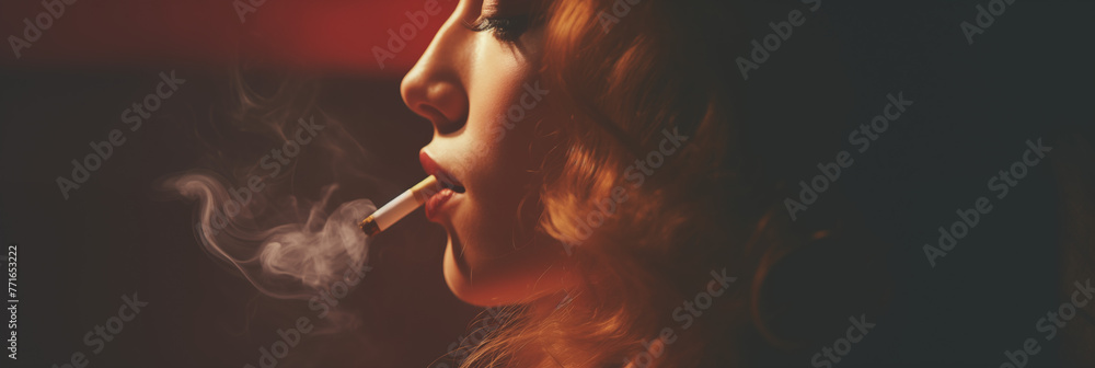 Obraz premium side view of a woman with her lips pressed to a cigarette, a wisp of smoke escaping into the dim, warm ambiance of a room, lighting accentuates her profile and the act of smoking