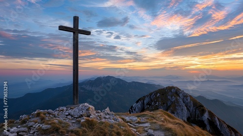 cross on a top of a mountain, publications related to spirituality, faith © Yash