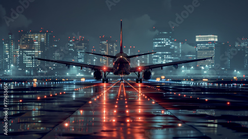 Passenger commercial plane takes off at night, passenger airplane transport.