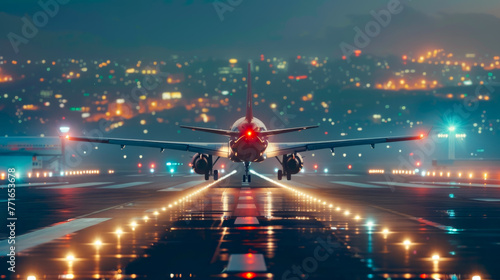 Passenger commercial plane takes off at night, passenger airplane transport. © torjrtrx