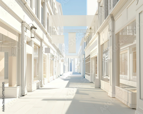 Stylish 3D-rendered shopping street  boutique windows  space for text