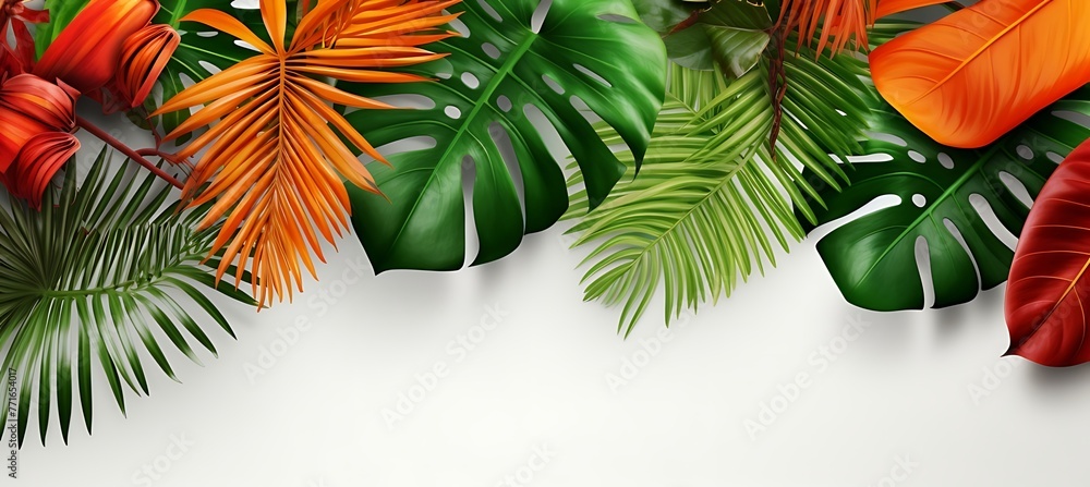 Naklejka premium Autumn Harvest Border: Richly Colored Fall Leaves and Late Blooming Flowers 