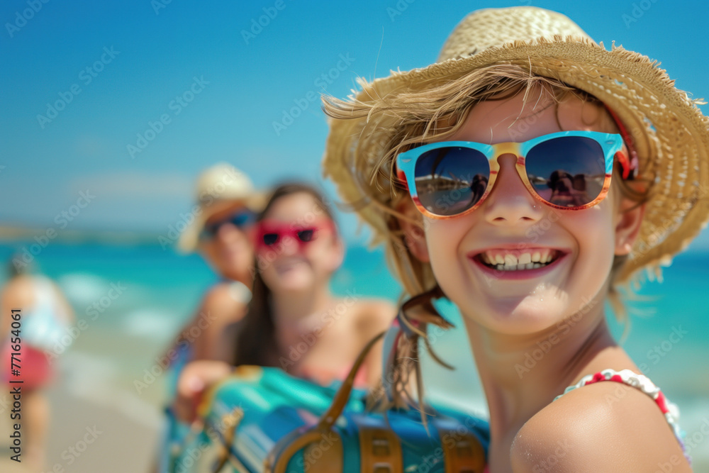 Joyful child on beach with family background