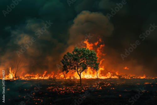 Intense wildfire in a dense forest © kossovskiy