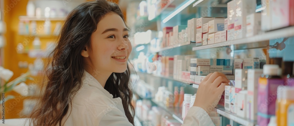 A content young woman in a stylish outfit smiles as she shops in a drugstore, the variety of products reflecting her satisfaction. A content young woman in a stylish outfit smiles as she shops in a drugstore, the variety of products reflecting her satisfaction.
