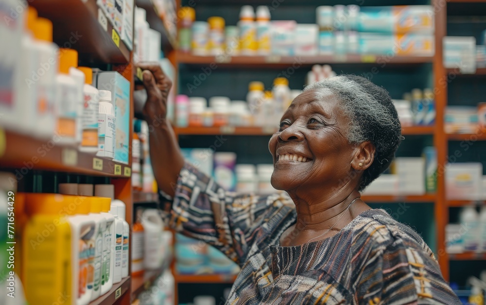 A joyous elderly African American woman in traditional attire admires a product at the pharmacy, her face lit up with happiness.
