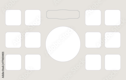 Set of 12 square photo frames and circle with place for text. Birthday Calendar, poster, holiday banner, first year collage. Blank Template for collages and design. Vector mockup. EPS10.