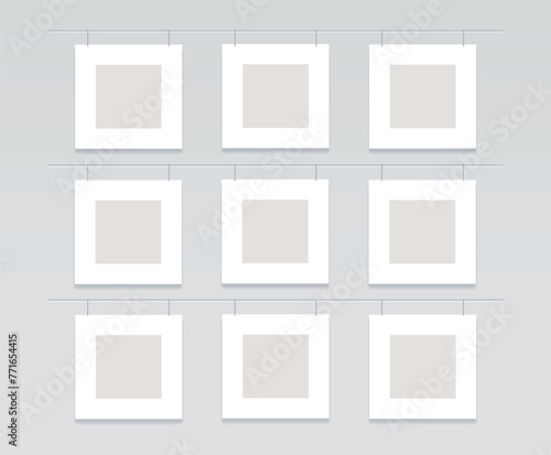 Set of square photo frames. Collage of 9 empty hanging photo cards. Vector realistic Mockup for interior design, presentations, mood board, collages. Blank template on beige. EPS10.