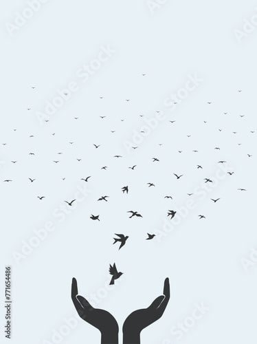 Bird set free. World Bird Day. Bird flying for freedom from an open hand, freedom concept, the silhouette of a bird released from hand. vector illustrations © suman