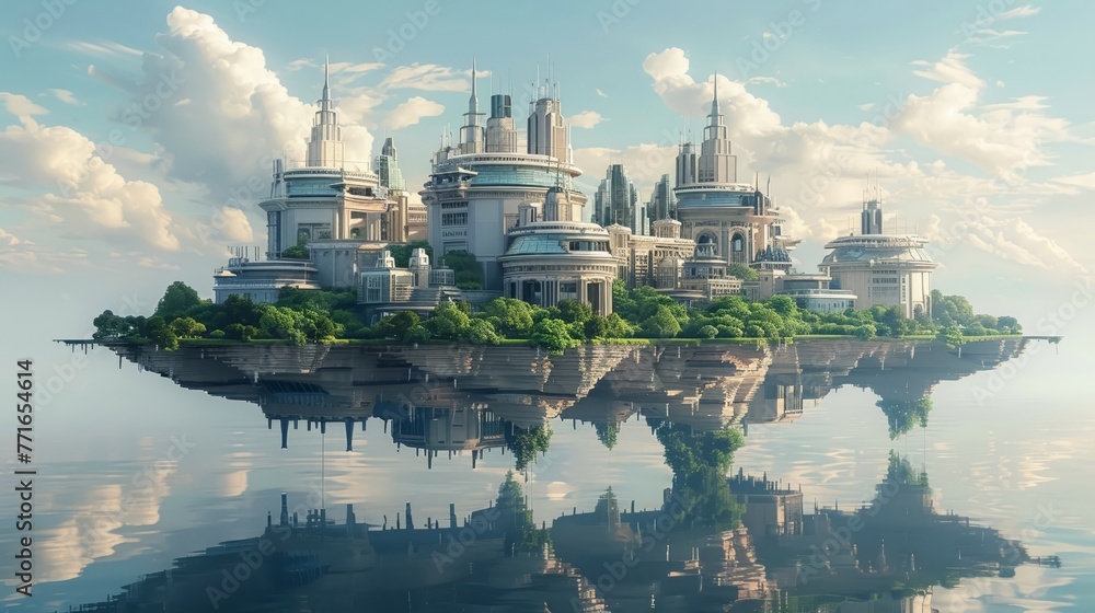 Floating city above a majestic lake the carpenter utilizes tools to build futuristic