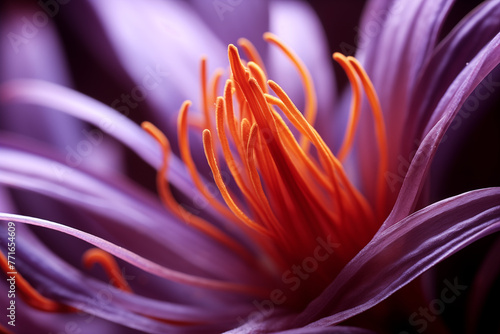 Close up of Bahraman saffron flower pistil under macro lens. Macro photography photo