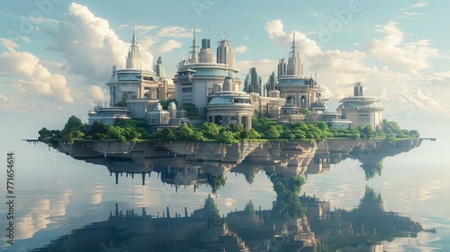 Floating city above a majestic lake the carpenter utilizes tools to build futuristic photo