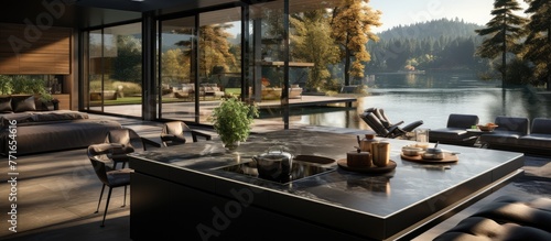 the concept of a modern villa kitchen feel overlooking the lake photo
