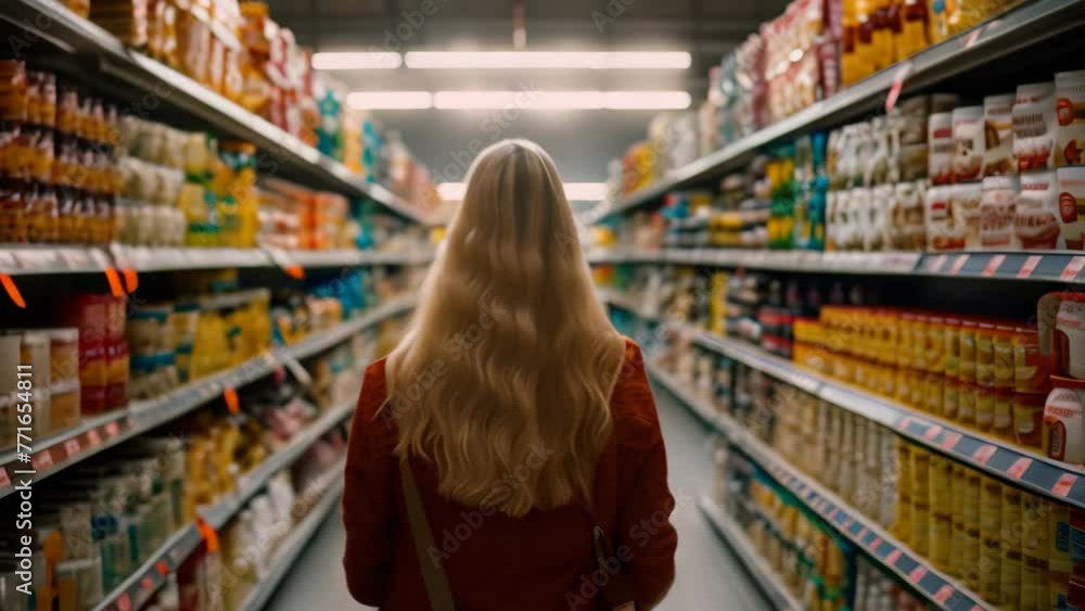 A woman casually walks through a grocery aisle, browsing various products, A woman comparing products in a grocery store, AI Generated A woman casually walks through a grocery aisle, browsing various products, A woman comparing products in a grocery store, AI Generated