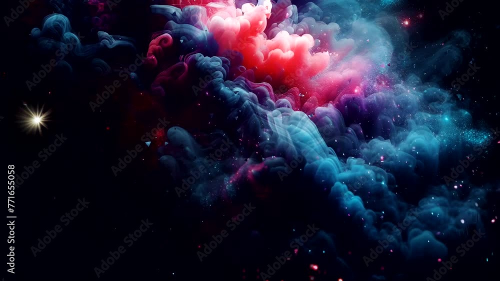 Close up and slow motion of red and blue color inks splashing and interacting in water and spread though the whole frame on a black background Close up and slow motion of red and blue color inks splashing and interacting in water and spread though the whole frame on a black background