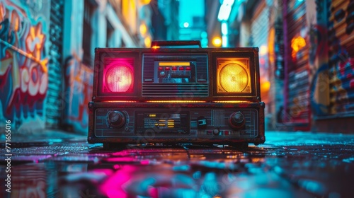 Retro 1980s boombox on a graffiti-tagged street, neon lights reflecting, a symbol of rebellion and music freedom photo