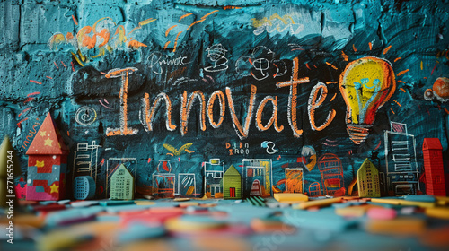 "Innovate" chalked in a creative flowing script on a chalkboard