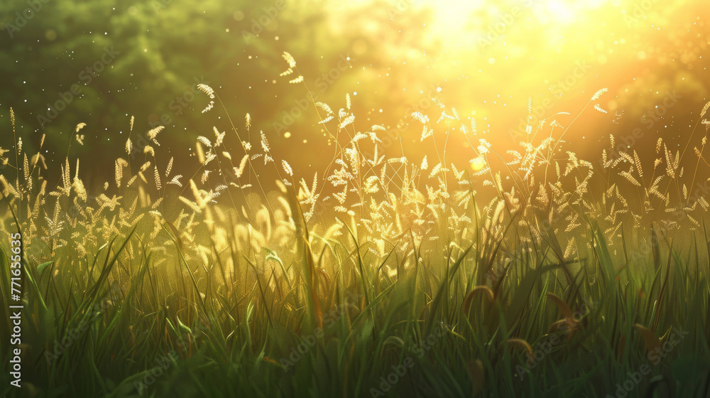 Warm sunlight bathes a grassy field at sunset