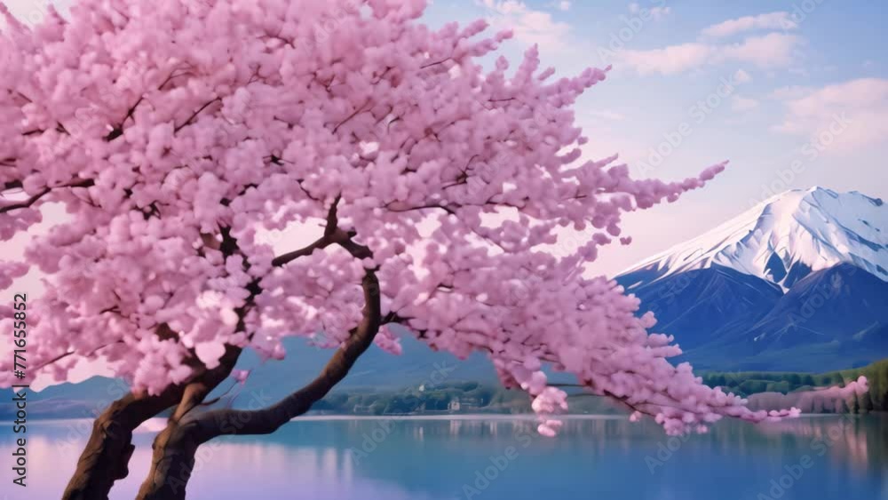 Cherry blossoms and Mt Fuji at Kawaguchiko lake in Japan, AI Generated Cherry blossoms and Mt Fuji at Kawaguchiko lake in Japan, AI Generated