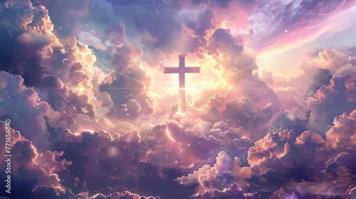 digital illustration of a cross surrounded by clouds, with a heavenly glow