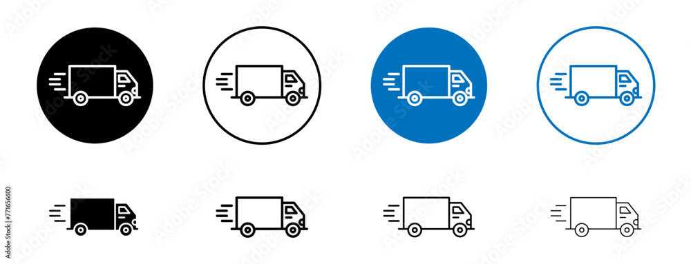 Truck icon set. Truck courier delivery truck vector symbol in black filled and outlined style.