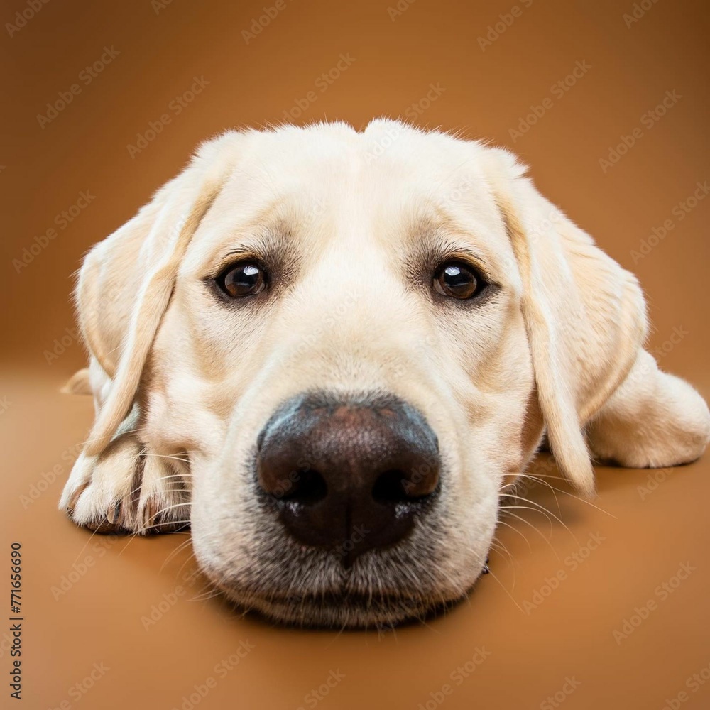 Beautiful labrador retriever dog isolated on brown background. looking at camera . front view. dog studio portrait.happy dog .dog isolated .puppy isolated .puppy closeup face,indoors.brown background