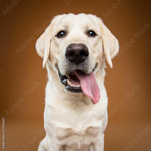 Beautiful labrador retriever dog isolated on brown background. looking at camera . front view. dog studio portrait.happy dog .dog isolated .puppy isolated .puppy closeup face,indoors.brown background