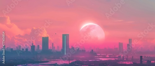 Dreamy minimal city under a vast pastel sky where the sun and moon create a unique sci fi inspired light show