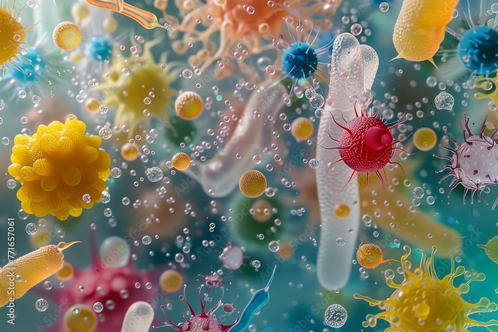 Viruses and bacteria seen under a microscope, magnified view in transparent liquid solution. - obrazy, fototapety, plakaty 