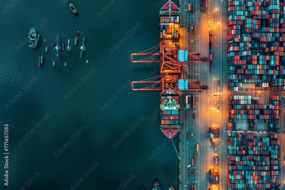 Busy container ship terminal with cargo cranes loading freight, global shipping concept, aerial photography