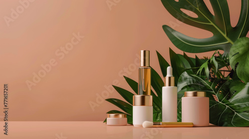 Skincare products are arranged with green leaves against a pastel background.