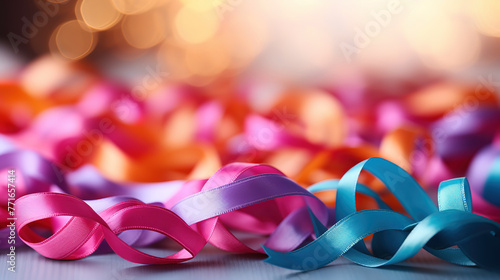 Various colorful awareness ribbon on pink background