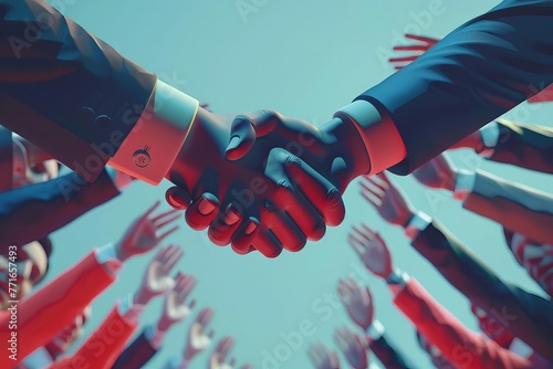 Businessmen shaking hands, closing deal, partnership agreement, business merger concept, low angle view, copy space, 3D render photo