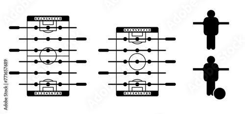 Cartoon table football game or foosball or table soccer. Soccer ball in goal. Soccer border. football players pawn. Football table soccer, sport team. Game to score goals. Game pins or pieces on bar.