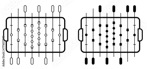 Cartoon table football game or foosball or table soccer. Soccer ball in goal. Soccer border. football players pawn. Football table soccer, sport team. Game to score goals. Game pins or pieces on bar.