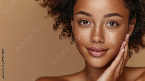 woman with tanned skin and curly brown hair with cream bronzer on her face on beige background