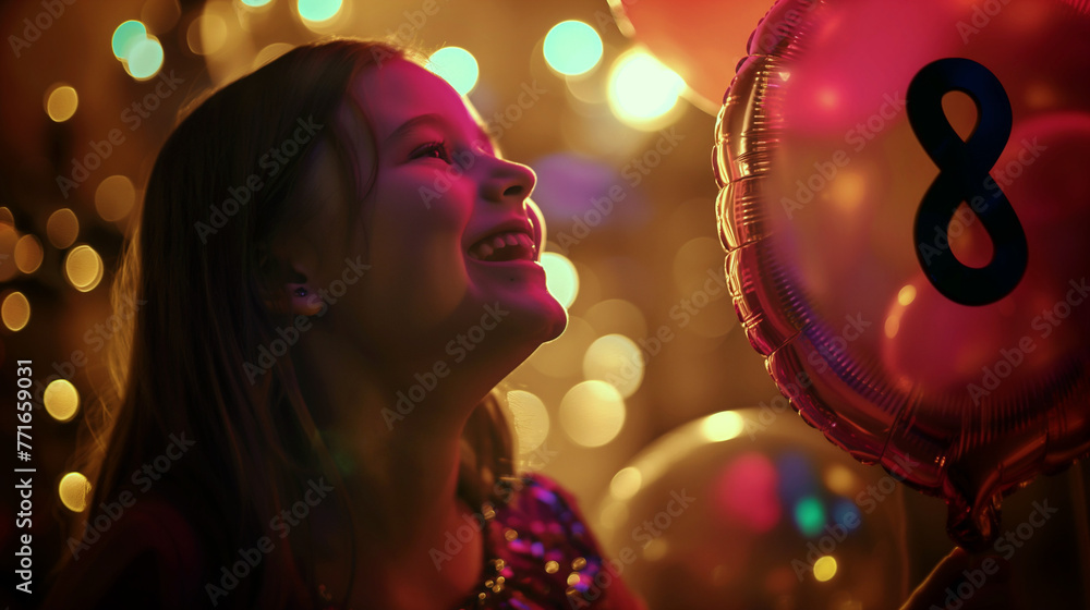 A joyful young girl at an indoor birthday party holds a shiny number 8 balloon, surrounded by colorful lights creating a warm, festive bokeh effect.