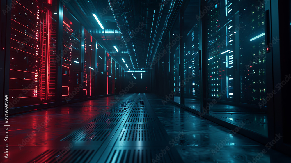 Modern Data Technology Center Server Racks in Dark Room with VFX. Visualization Concept of Internet of Things, Data Flow, Digitalization of Internet Traffic. Complex Electric Equipment Warehouse. Modern Data Technology Center Server Racks in Dark Room with VFX. Visualization Concept of Internet of Things, Data Flow, Digitalization of Internet Traffic. Complex Electric Equipment Warehouse.
