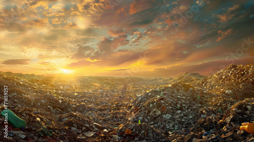 Mountains of trash fill the landscape under a sunset sky, with a city skyline in the distance.