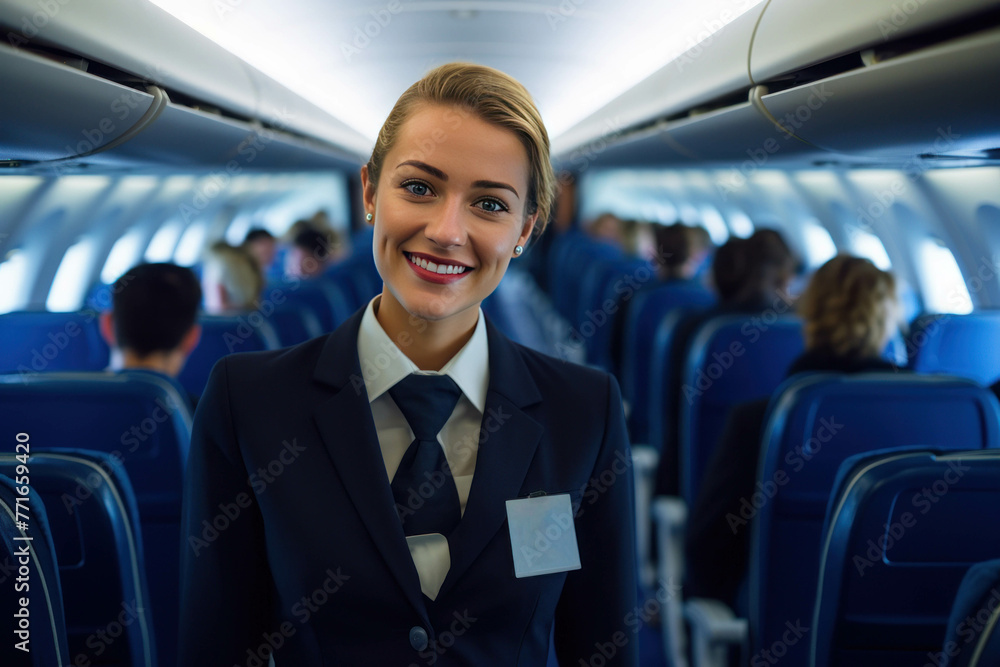 Professional cabin crew or air hostess working with a service mind in an airplane during flight vacation Airline transportation concept Professional cabin crew or air hostess working with a service mind in an airplane during flight vacation Airline transportation concept